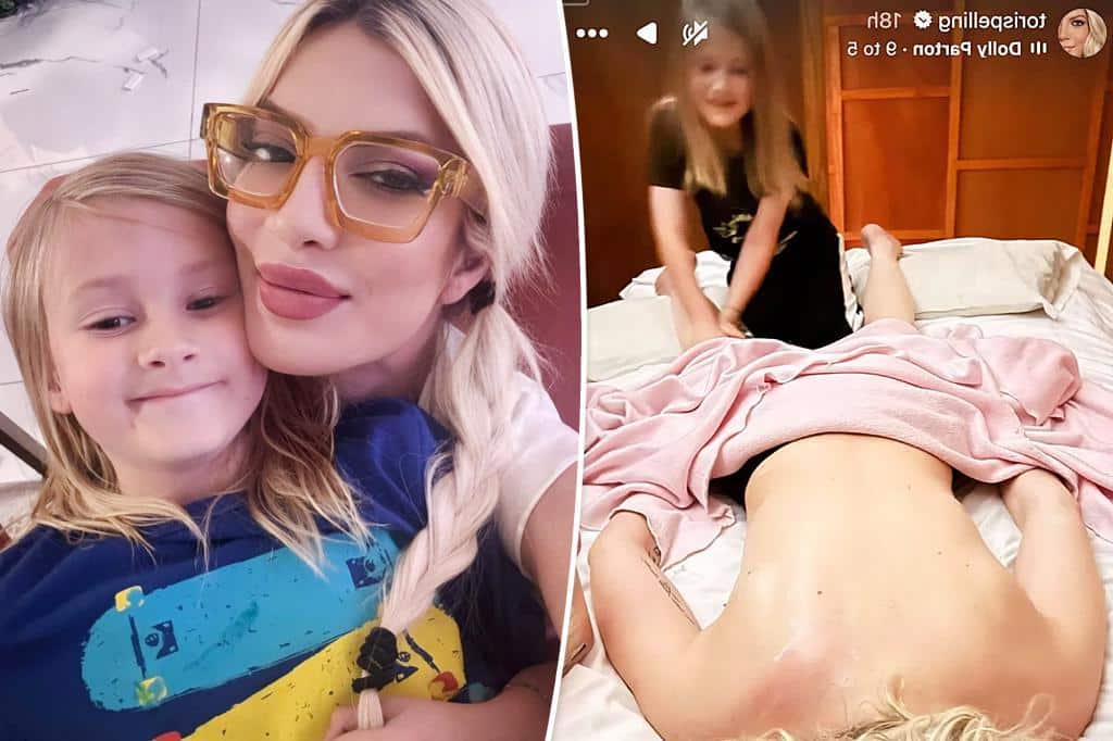 Tori Spelling strips down for massage from son Beau, 7, ‘in exchange for an allowance’