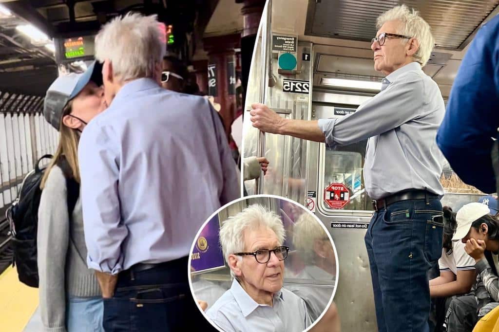 Harrison Ford and Calista Flockhart kiss on crowded NYC subway platform