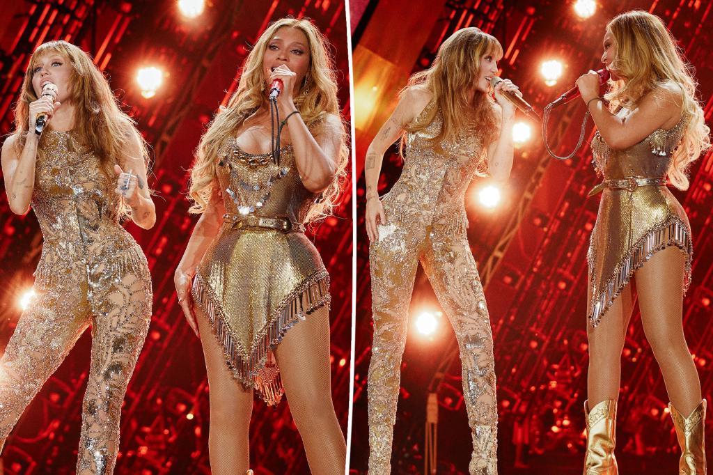 Miley Cyrus and BeyoncÃ© match in glittering gold for ‘II Most Wanted’ performance in Paris
