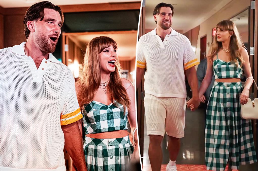Taylor Swift goes for green gingham crop top to support Travis Kelce at Nashville football event