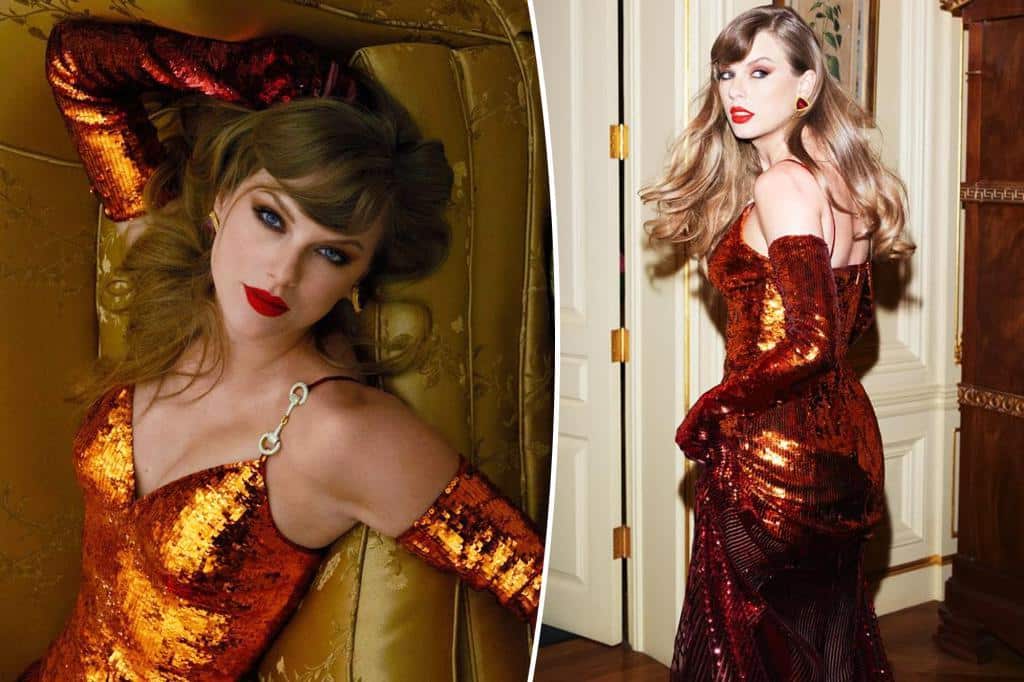 Taylor Swiftâs orange sequined Gucci gown is a perfect reflection of her âLife of a Showgirlâ era