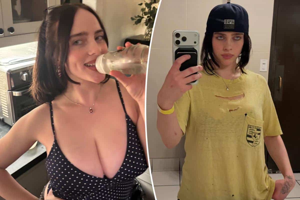 Billie Eilish trades baggy clothes for a plunging polka-dot tank top
