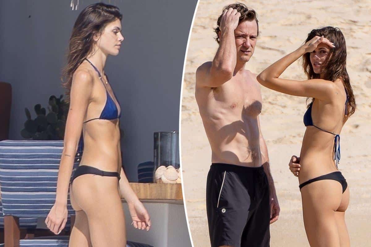 Kaia Gerber hits the beach in mismatched string bikini with boyfriend Lewis Pullman