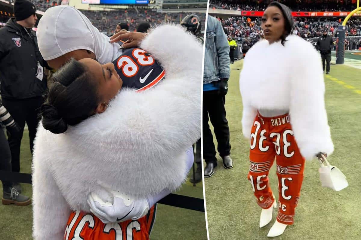 Simone Biles cheers on husband Jonathan Owens in custom jersey pants at Bears vs. Lions game