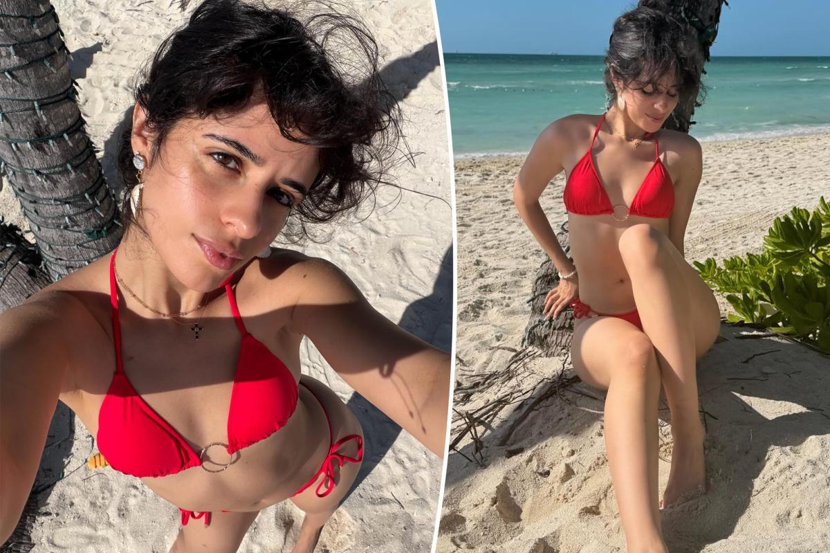 Camila Cabello hits the beach in bright red string bikini and seashell earrings