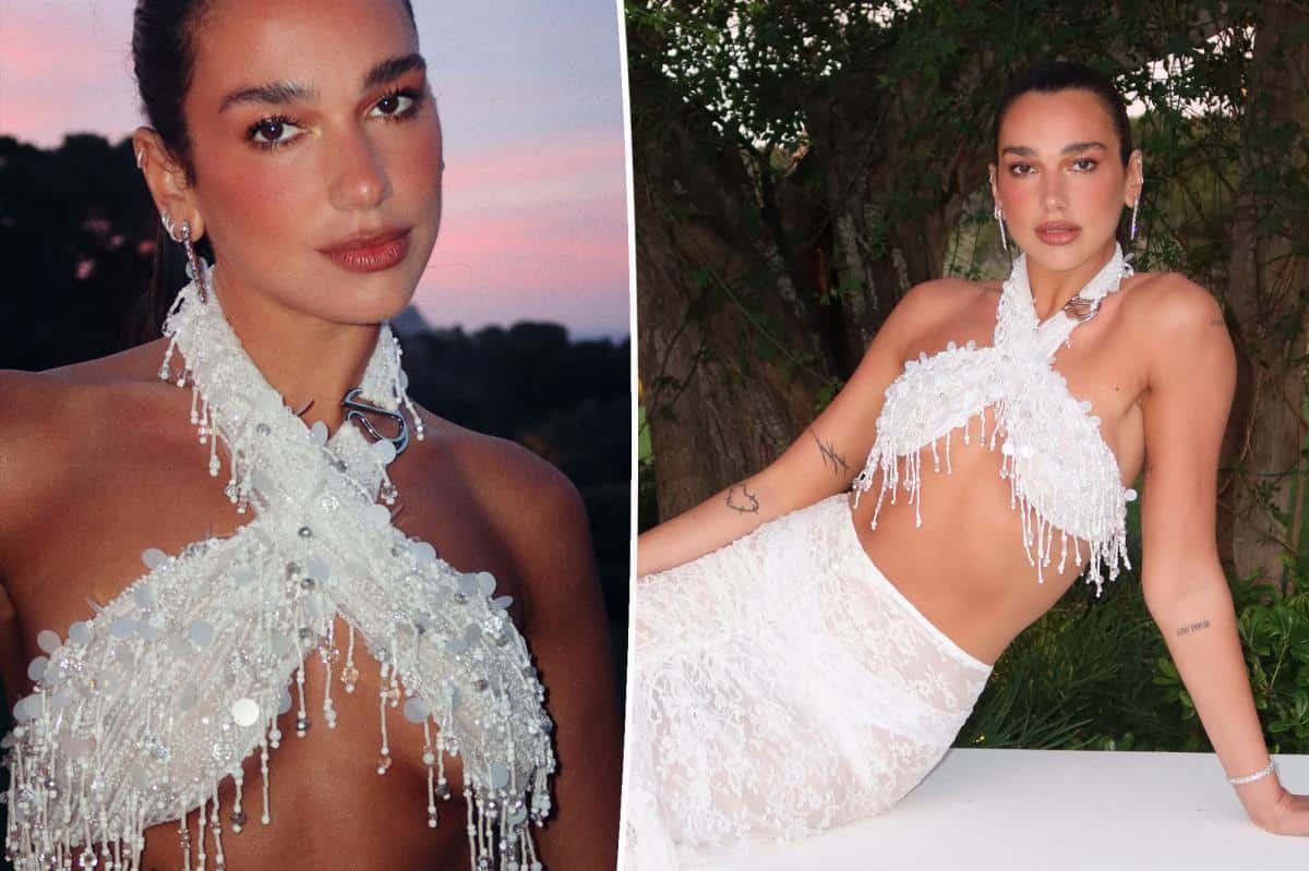 Dua Lipa ‘funmaxxes’ in bridal-white bra top â and over $300K of diamonds â ahead of her wedding