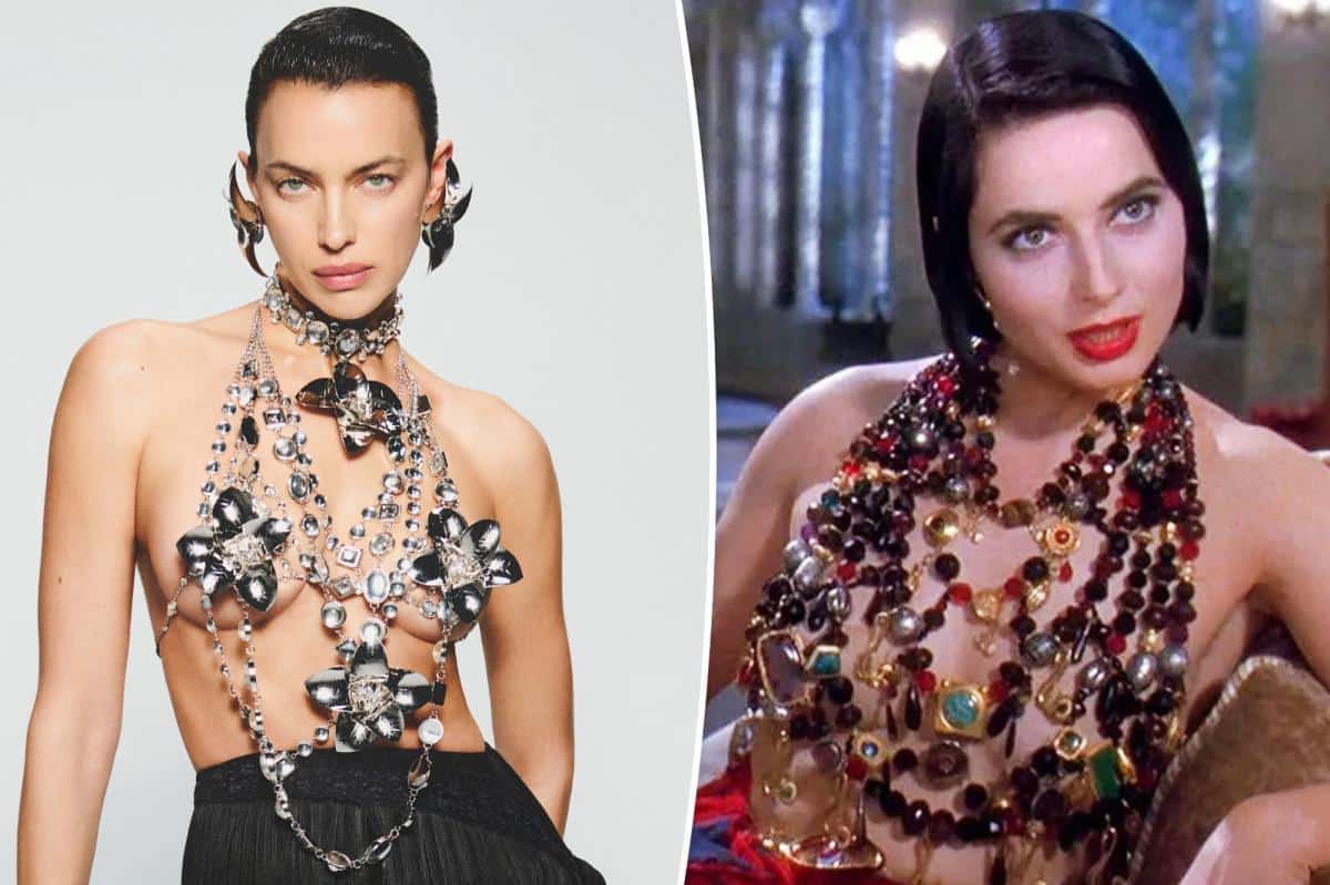 Irina Shayk goes full ‘Death Becomes Her’ in a necklace worn as a barely-there bra top