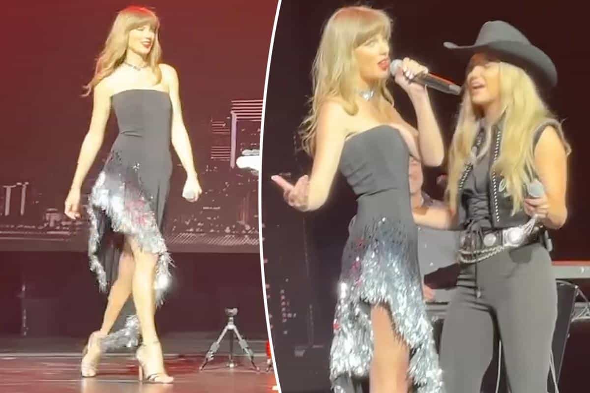 Taylor Swift sparkles in black and silver for Tight Ends and Friends surprise performance