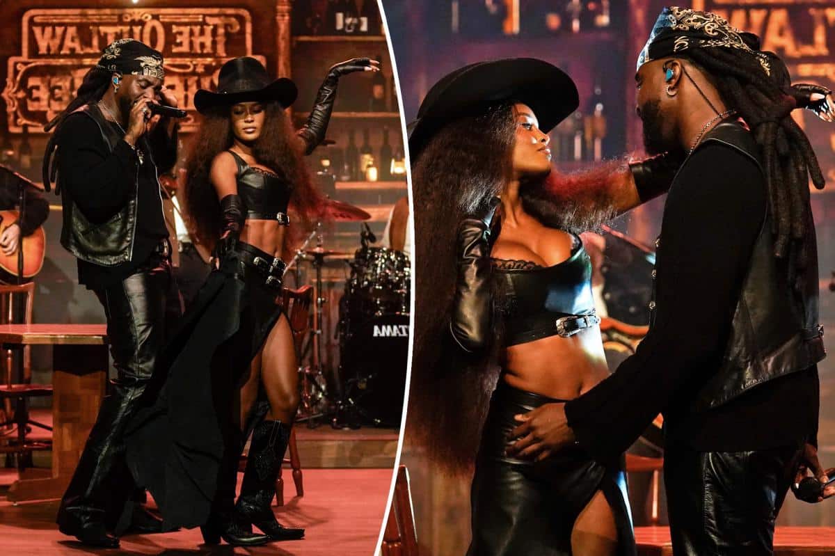 Ciara Miller is Shaboozey’s leather-clad cowgirl on ‘The Tonight Show’