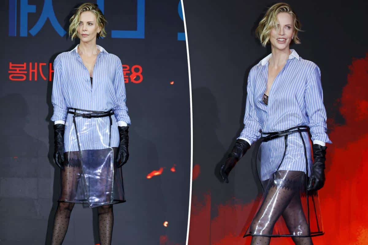 Charlize Theron sports see-through plastic skirt for ‘The Odyssey’ press stop in Seoul