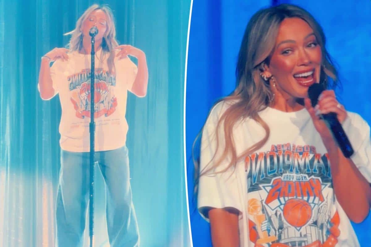 Hilary Duff reps the New York Knicks with championship tee at MSG concert