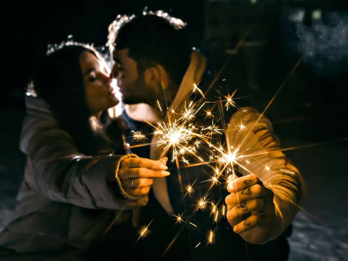 A couple experiencing attraction and chemistry in an early-stage romantic moment.