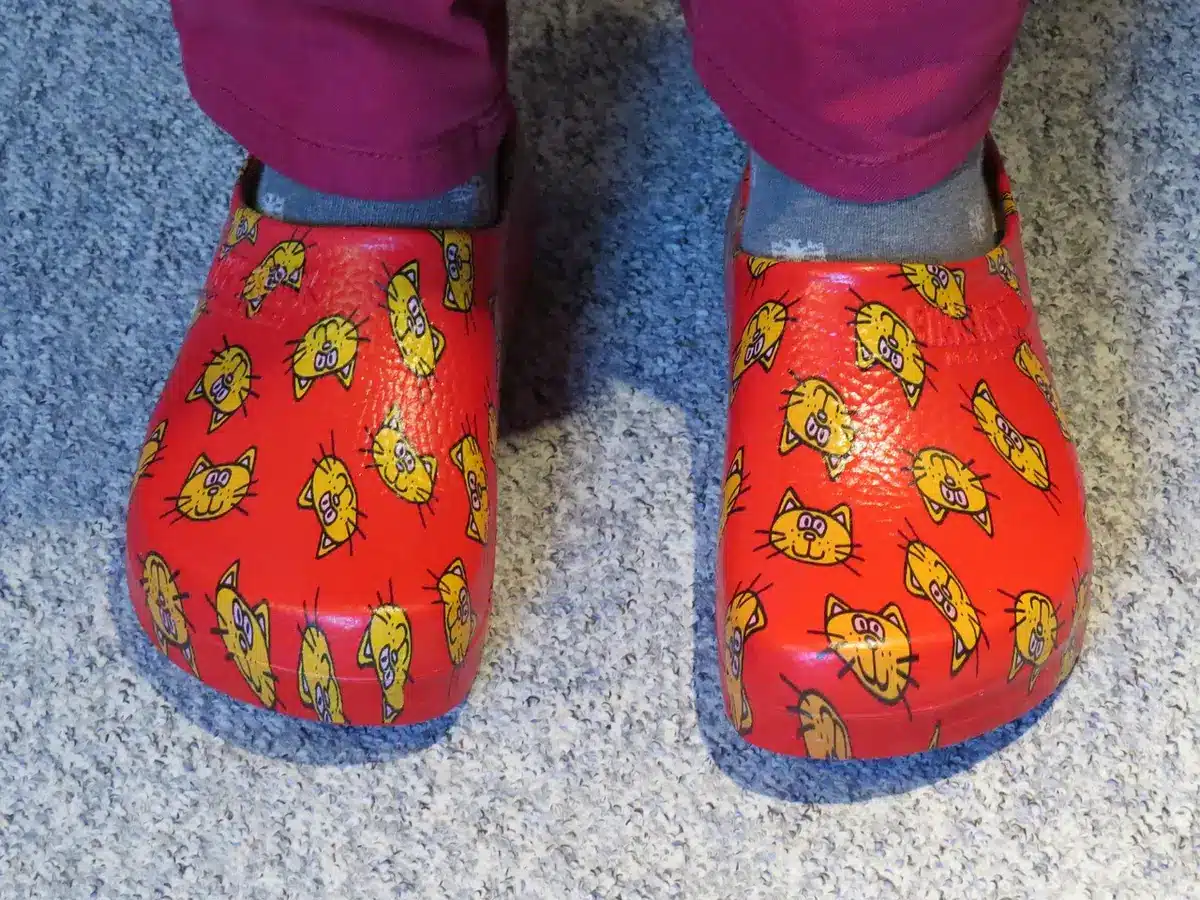 Pair of tan clog-style shoes on hardwood floor