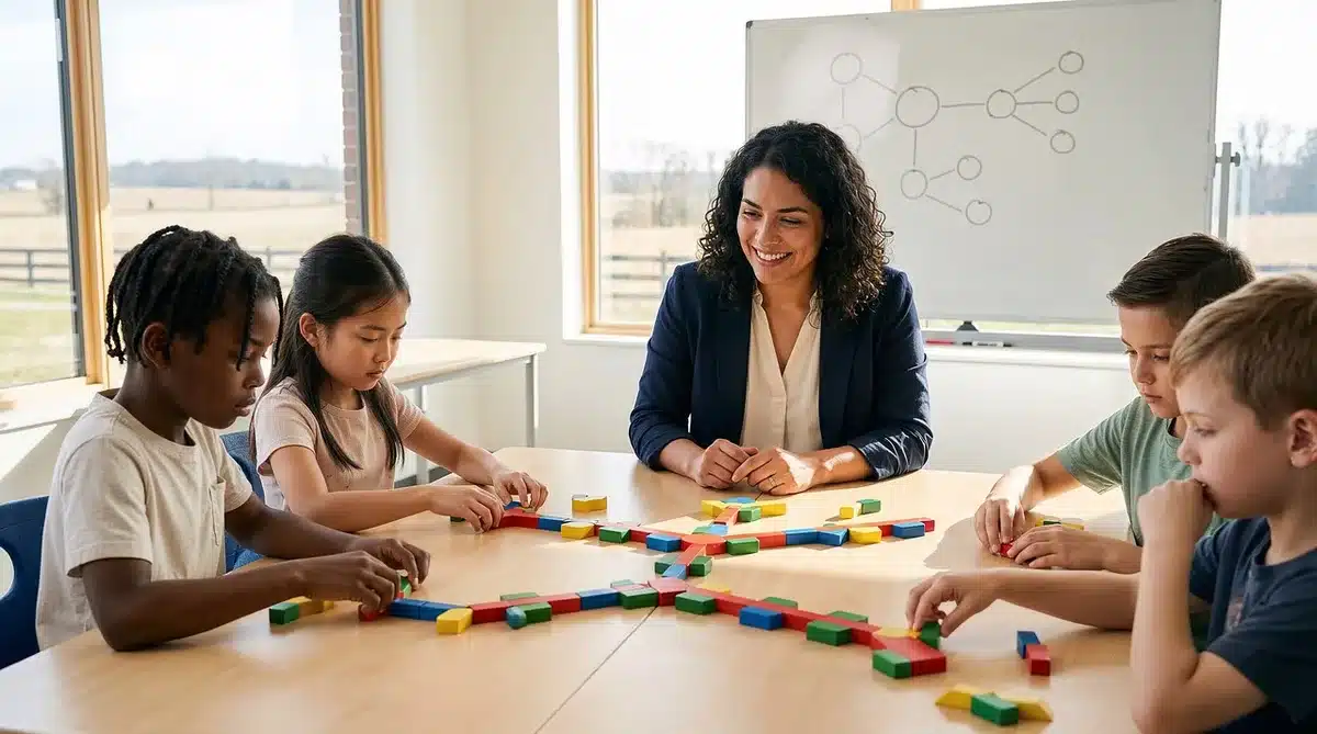 Teacher introducing young children to classroom routines and activities on their first day of school