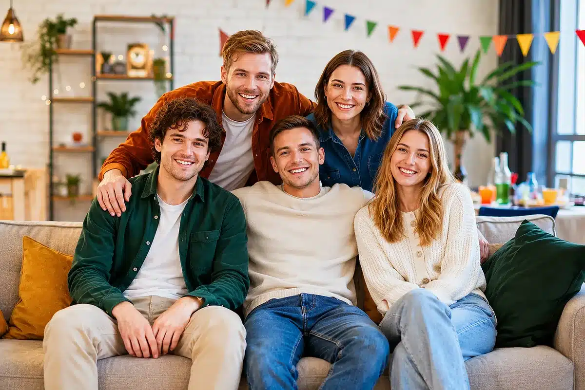 Group of diners leaving a restaurant smiling and chatting