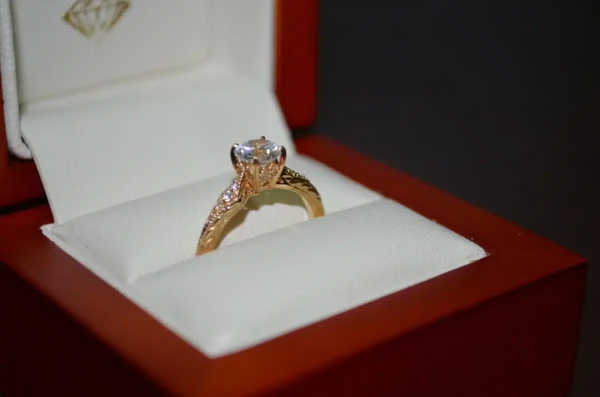 Close-up of two yellow gold wedding bands on hands